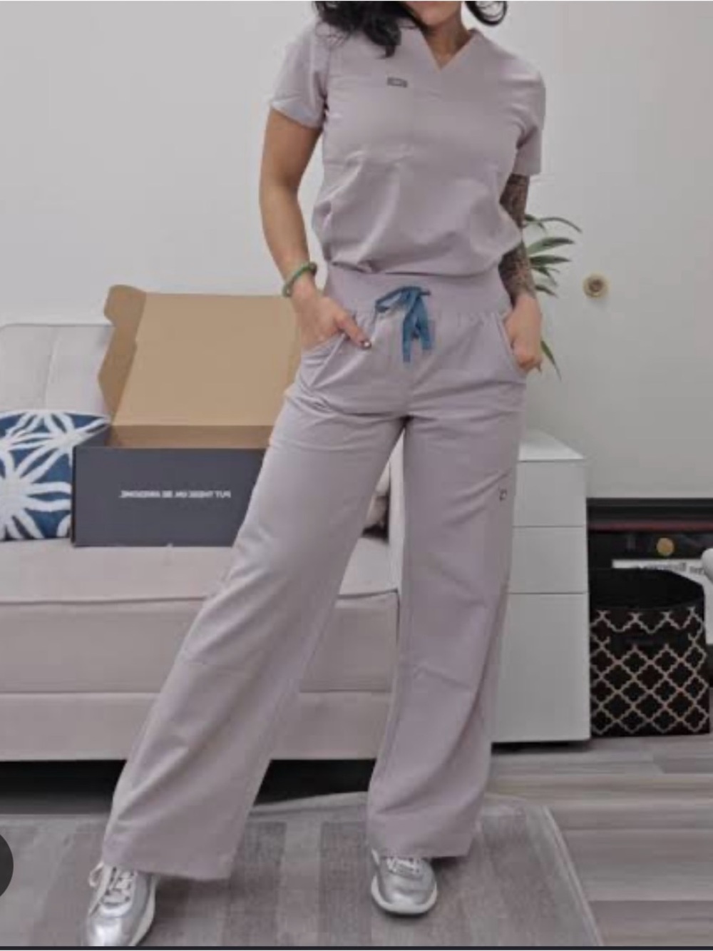 FIGS Slate Isabel Wide Leg Pants with Teal Drawstring-SET